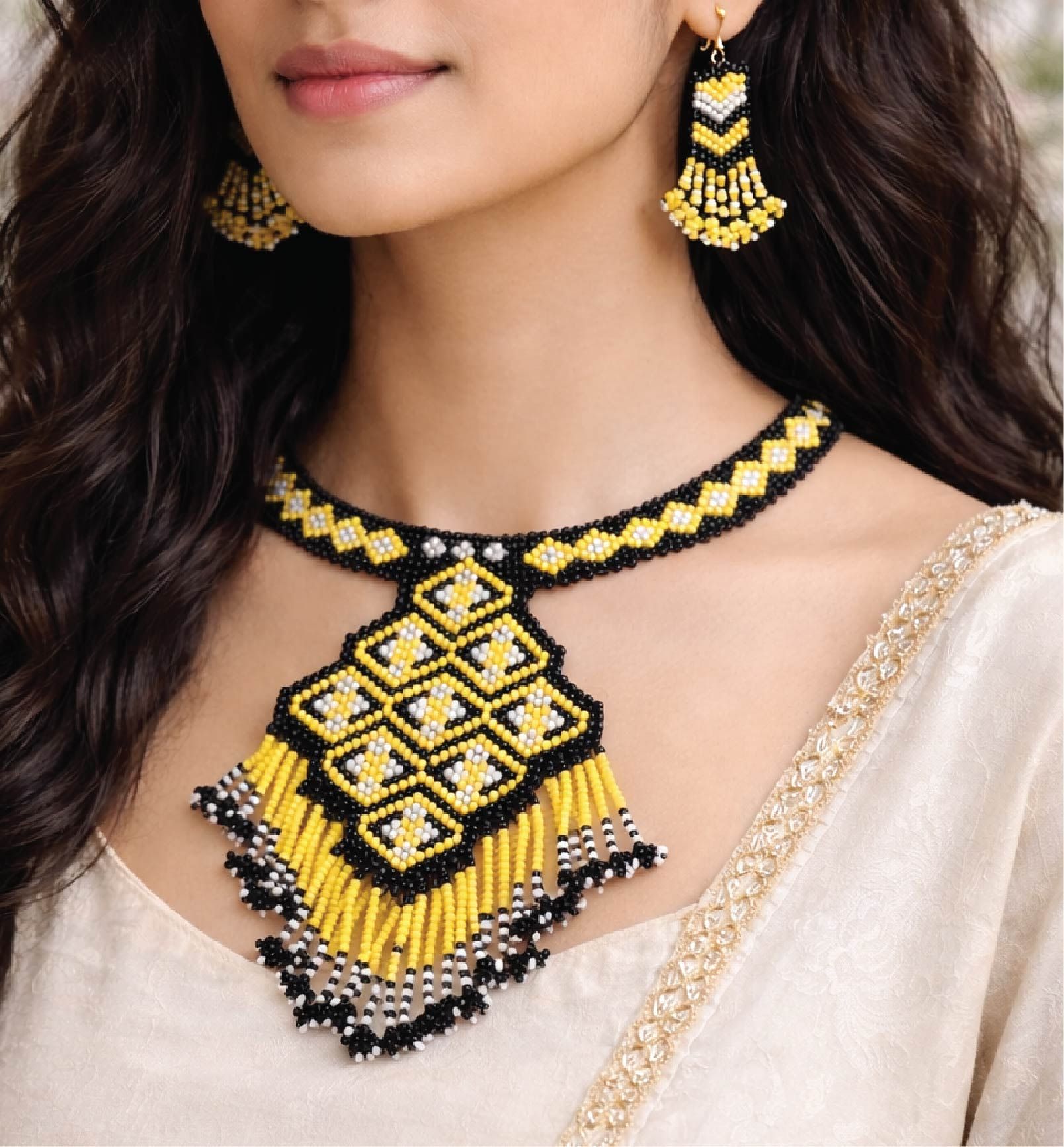 Handcrafted Geometric Beadwork Choker Necklace Set with Earrings