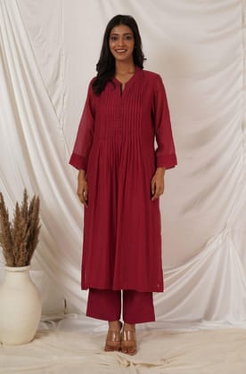 Maroon Pintuck Kurta  Coord  Set-XL