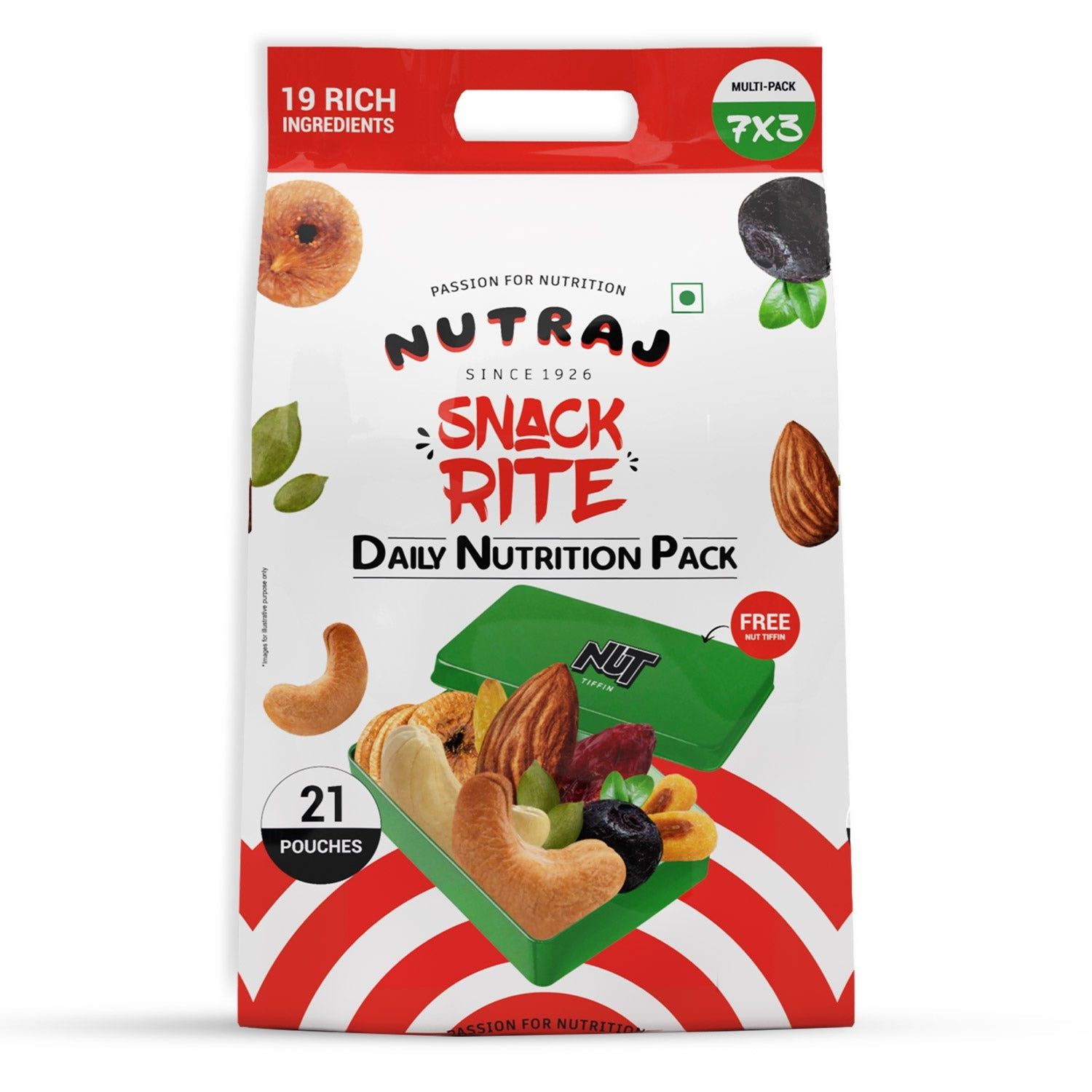 Nutraj Snackrite Trail Mix Combo: 21 Pouches, 7 Varieties + FREE Nut Tiffin (525g)