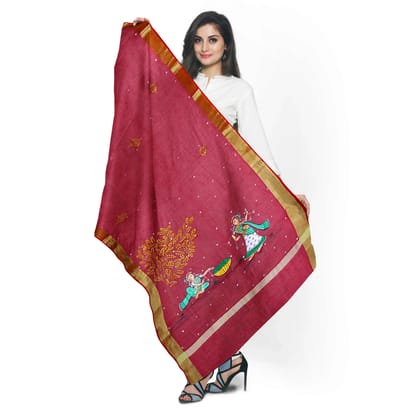 Handpainted Sabari Pattachitra Chanderi Silk Dupatta