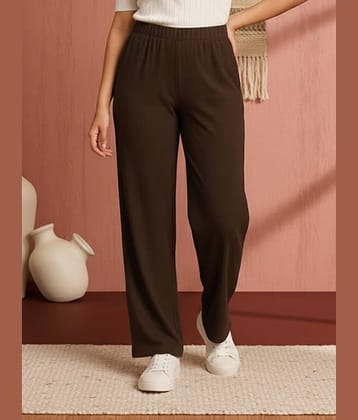 DE TRENDZ Women Cotton Blend Wide Leg Trousers ( Brown )