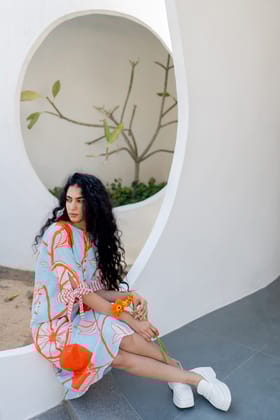Mandarin Print Cotton Dress-S