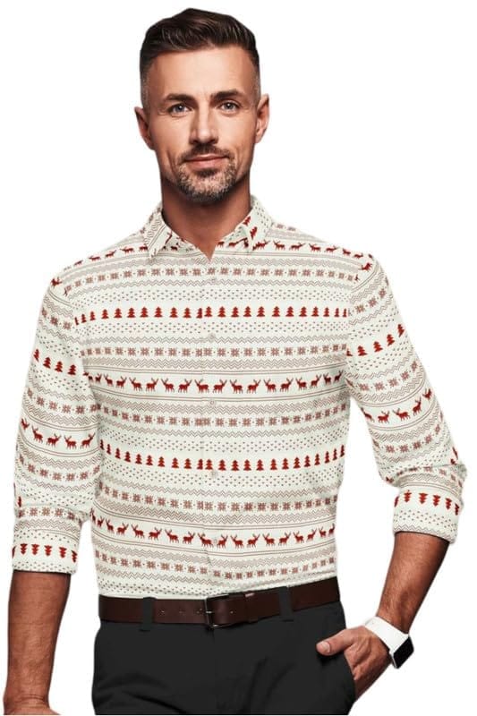 Men's Cotton Blended Printed Full Sleeve Shirt (White-Red, XL)-PID53455