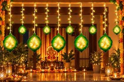 fizzytech Leaf Ganesh Curtain LED String Lights with 8 Lighting Modes for Pooja Room, Diwali, Festival & Home