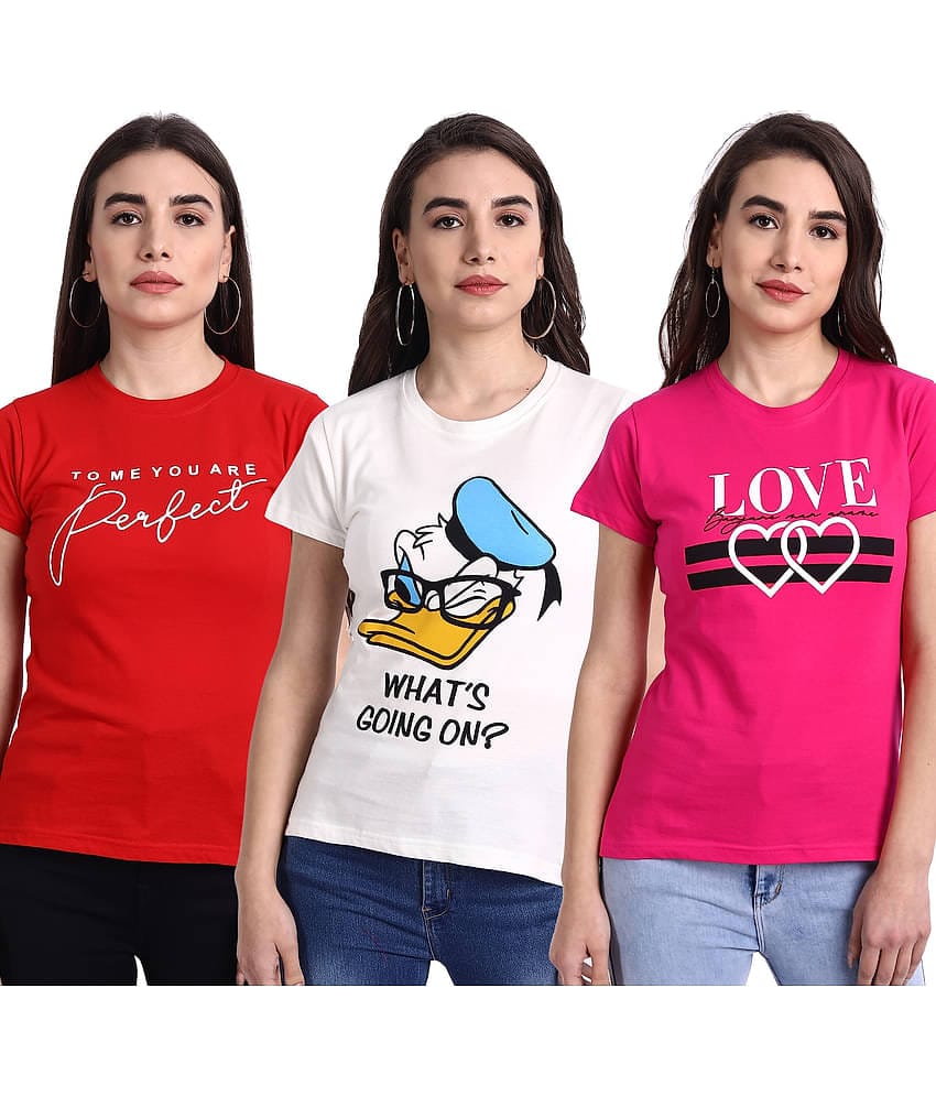 Fabflee Women Cotton Printed Regular Fit Round Neck T-Shirt ( Multi Color )