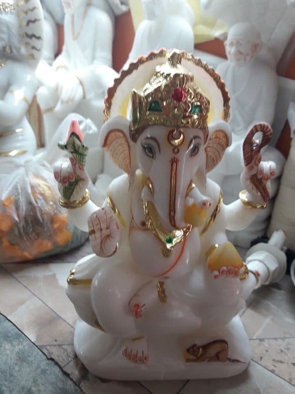 Large Hand-Painted Lord Ganesha Marble Murti | बड़ी हस्त-चित्रित भगवान गणेश की मार्बल मूर्ति