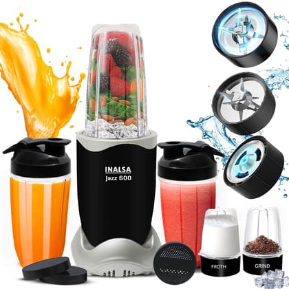INALSA Blender Mixer Grinder|5 Jar & 600W Copper Motor| Blenders for Smoothies and Juices| Smoothie MakerBlender NutriBlender 3 Blades Including Froth Blade 2Yr Warranty,Jazz 600 Black/Silver / 5 Jar