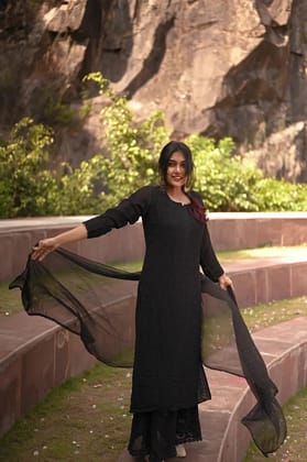 Viscose Chikankari Plazzo Set - Black-Black / Viscose / S