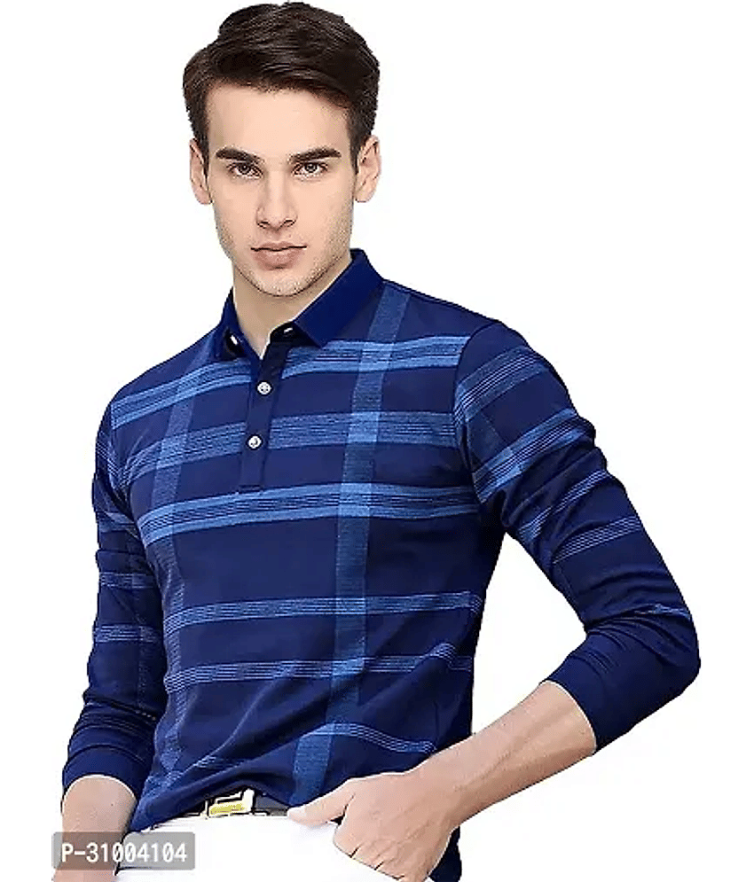LAMATE Pack of 1 Cotton Blend Regular Fit Checks Full Sleeves Men's Polo T Shirt ( Blue )