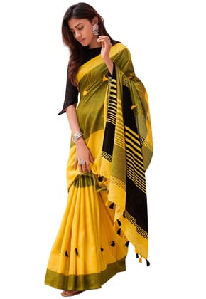 YELLOW COLOR LINING DESIGNER LINEN DIGITAL PRINTED SAREE 1547