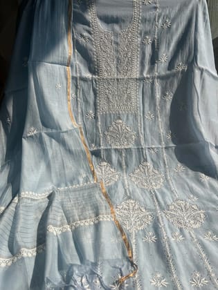 Mul Chanderi Chikankari Unstitched Length with Dupatta -Turkish Blue-Turkish Blue / Mul Chanderi / Pearl Work