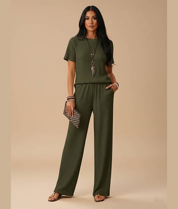 DTR FASHION Women Solid T-Shirt With Trousers Co-Ord Set ( Green )