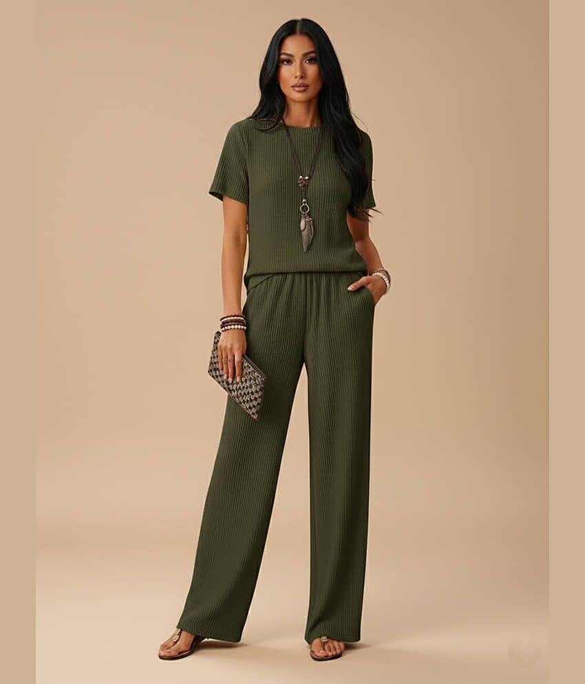 DTR FASHION Women Solid T-Shirt With Trousers Co-Ord Set ( Green )