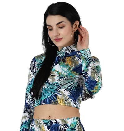 Leaf Printed Back Tie Top-L / Blue