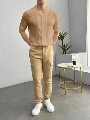 Classic Comfort: Tan Seersucker Regular Fit Men's Shirt by GlamaStitch-M