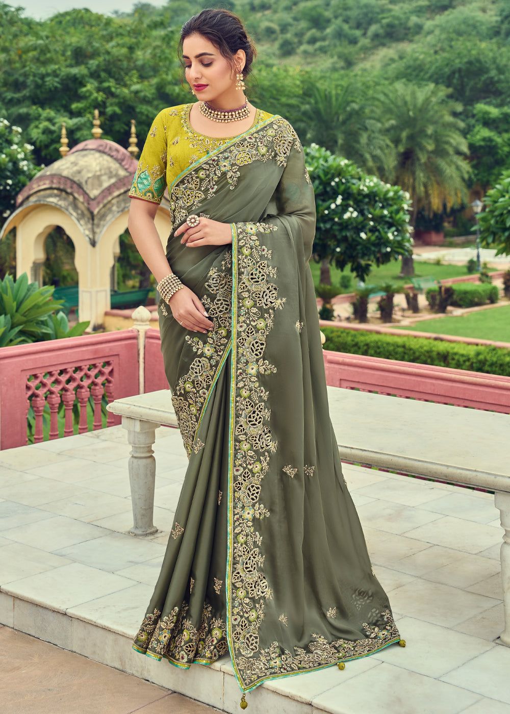 Basil Green Designer Embroidered Satin Silk Saree