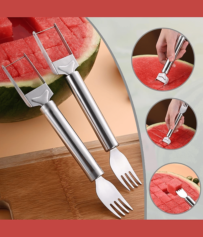 Watermelon Fork Cutter Slicer Tool, 2-in-1 Stainless Steel Fruit Cutter Melon Slicer Cutter Tool, Watermelon Cutting Tool for Home Party Camping Kitchen Gadget