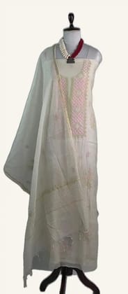 Chikankari Mul Chanderi Dress Material Pink Green Jaali Yoke