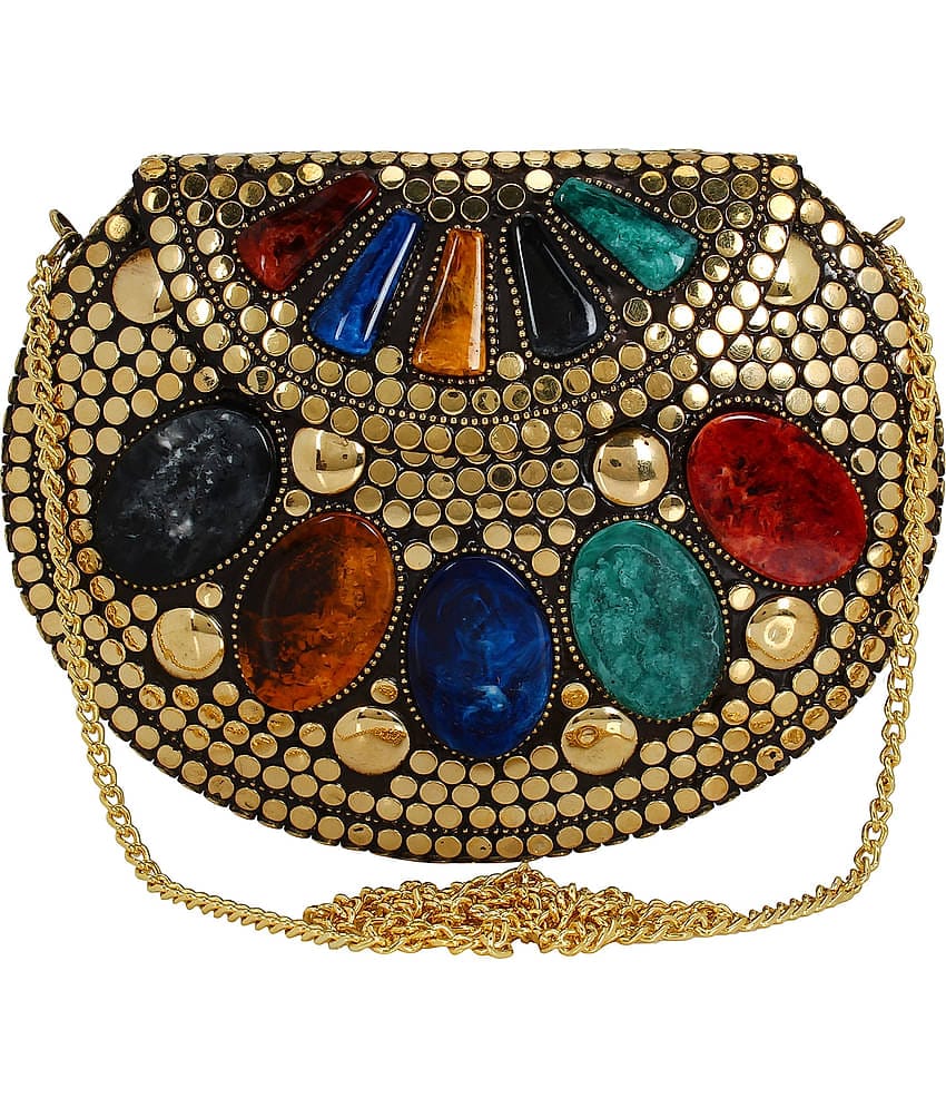 Anekaant Gold Metal Box Clutch