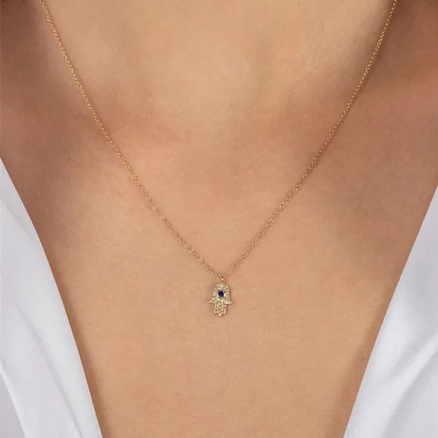 New real 925 silver gold chain Turkish evil eye hamsa hand charm 35+10cm necklace paved big blue cz women wedding gift