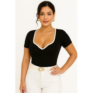 ATLIES Womens Black Ribbed Contrast Trim Fitted Top ATLIES Womens Black Ribbed Contrast Trim Fitted Top