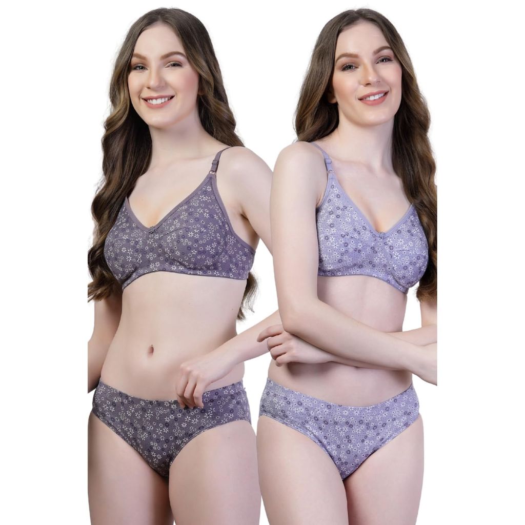 adornstar Women Cotton Lingerie Set with Floral Print Design | Non Wired and Non Padded Bra with Full Coverage Hipster Panty Set | Stylish and Soft Stretchable Fabric (Pack of 2)