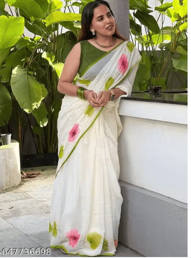 Linen Printed Saree With Contrast Blouse | Bestseller Design