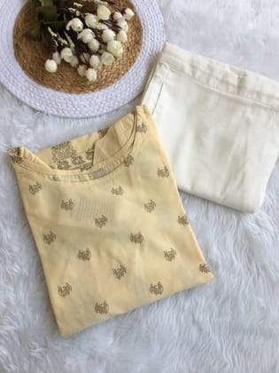 Cream Gold Print - Knee Length - Cord Set - Pure Cotton-38 - M