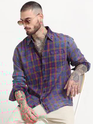 Indigo Dyed Premium Men Shirt, Regular Fit, Pure Cotton, Red-Navy-S