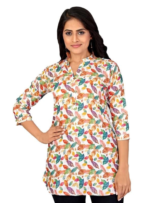 Women's Cotton Blend Mandarin Collar 3/4 Sleeves Short Top (Multicolor, XL)-PID56270