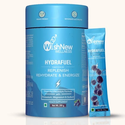 WishNew Wellness HydraFuel: Prime Electrolyte Energy Workout Drink Mix | Get Daily Hydration & Instant Energy Boost | Blueberry Flavor with natural Sweetness| 20 Sachets | Suitable for Men & Women
