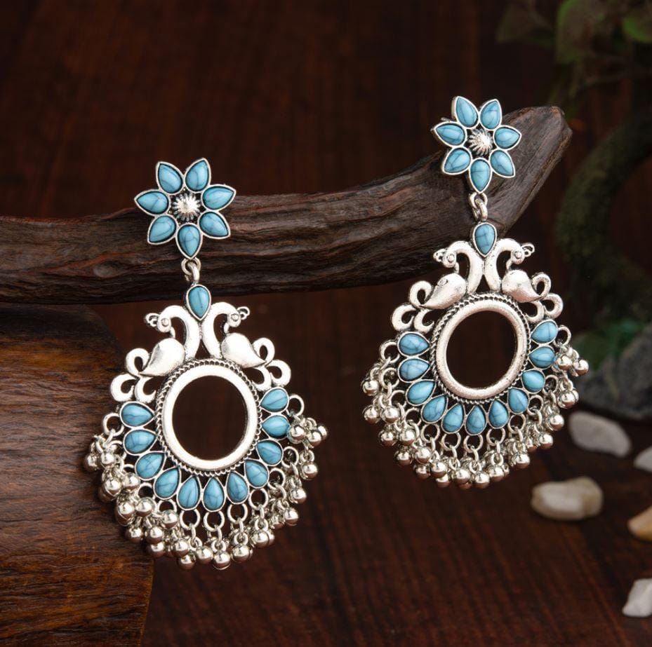Oxidised Silver Plated Floral Peacock Designed Kundan Studde