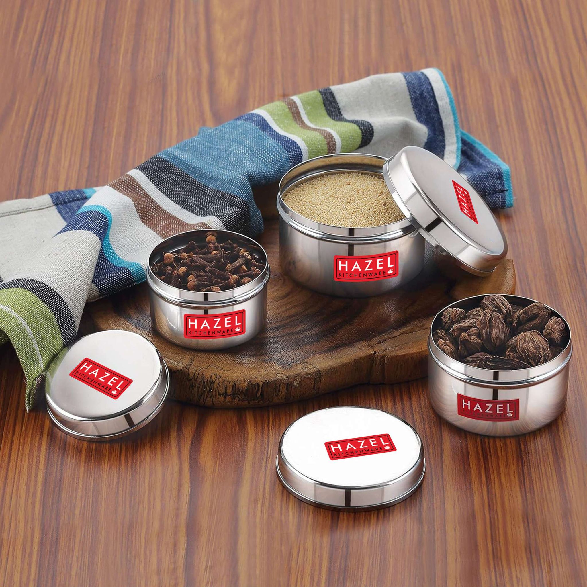 HAZEL Stainless Steel Mini Containers Set of 3 , 50ml, 100ml & 150ml Airtight Dabbi with Lid , Small SS Storage Box for Kitchen Spices & Masala