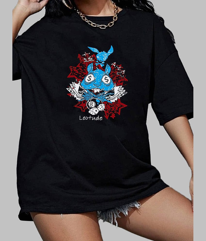 Leotude Women Cotton Blend Printed Oversized Fit Round Neck T-Shirt ( Black )