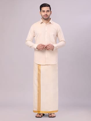 Mens Tissue Gold Shirt with Jacquard Fancy Border Dhoti Wedding Combo Nios-36 / F/S / Gold