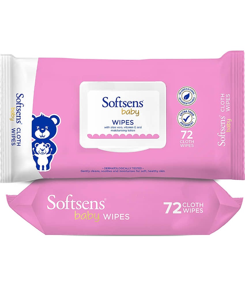 Softsens Baby Gentle Cloth Wipes Enriched with Aloe Vera , Vitamin, 72 Wipes, Pack of 2