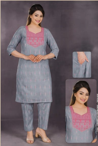 Women's Cotton Kurta Pant Set, Brown 3/4Sleeve