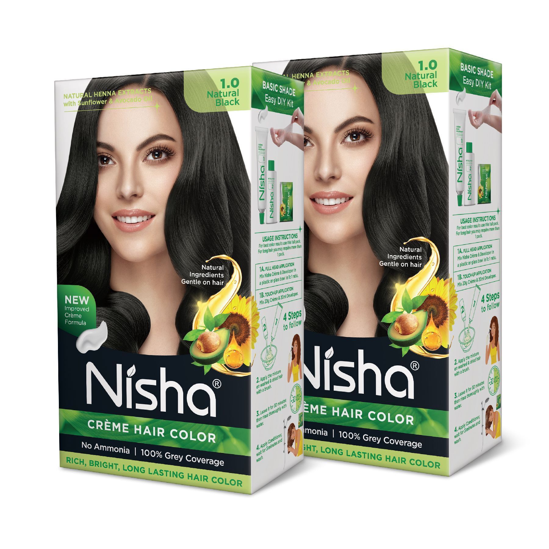 Nisha Creme Hair Color 1.0 Natural Black 120g Pack of 2, Permanent Hair Colour, No Ammonia, 100% Grey Coverage