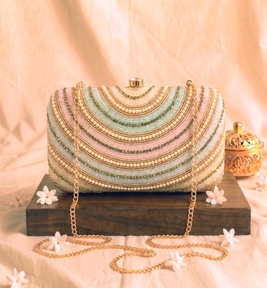 Handcrafted Pastel Zardozi Box Clutch - carousel pink