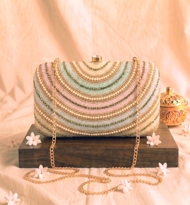 Handcrafted Pastel Zardozi Box Clutch - carousel pink