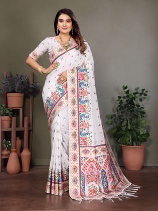 White Rajwadi Pashmina Silk Weaving Kashmiri Thread Woven Saree