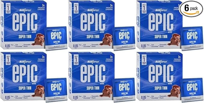 MANFORCE Epic Desire Super Thin Premium Condoms for Men Silk Chocolate Flavour Condom (3 Sheets) x Pack of 6