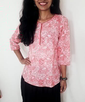 Pink hand block printed cotton top