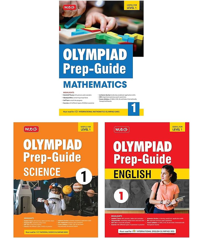 MTG Olympiad Prep-Guide Class-1 Mathematics, Science & English (Set of 3 Books) - Detailed Theory, Self Test with IMO-NSO-IEO Chapterwise Previous Year Question Paper For SOF 2024-25 Exam