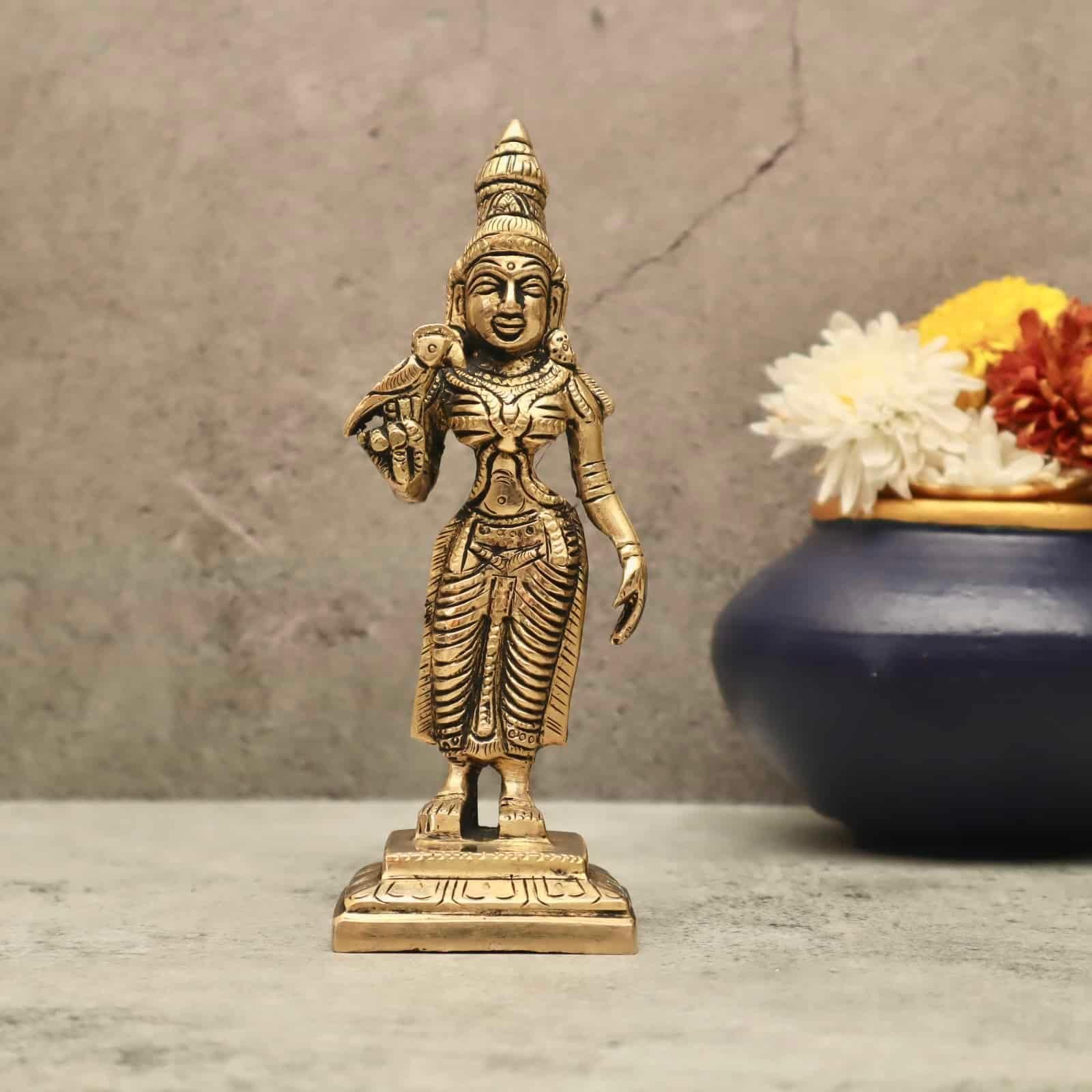 Brass Madurai Meenakshi Devi - 7 inch Height | Ornate Brass Idol of Madurai Meenakshi Devi for Sacred Devotion
