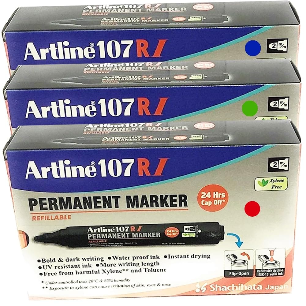 Artline 107RI Permanent Marker Pack of 30 (Blue, Red, Green Colours) | For Artists, Professionals, & Students