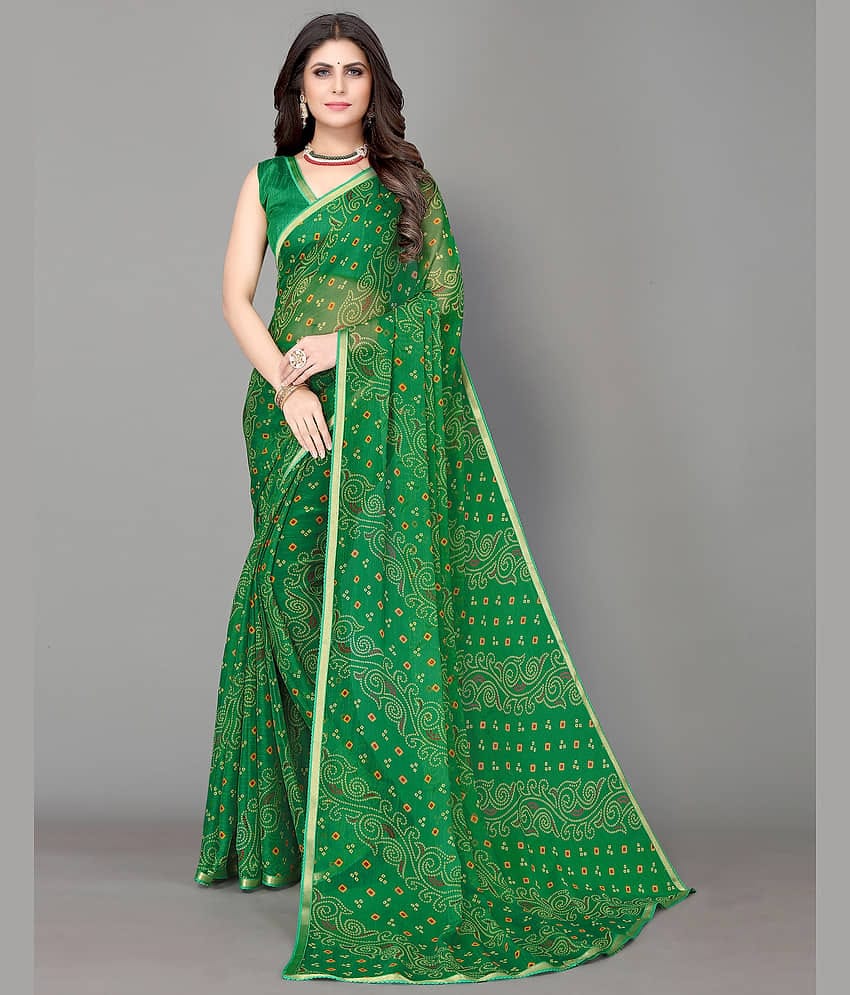 Samah Chiffon Printed Saree With Unstitched Blouse Piece ( Green )