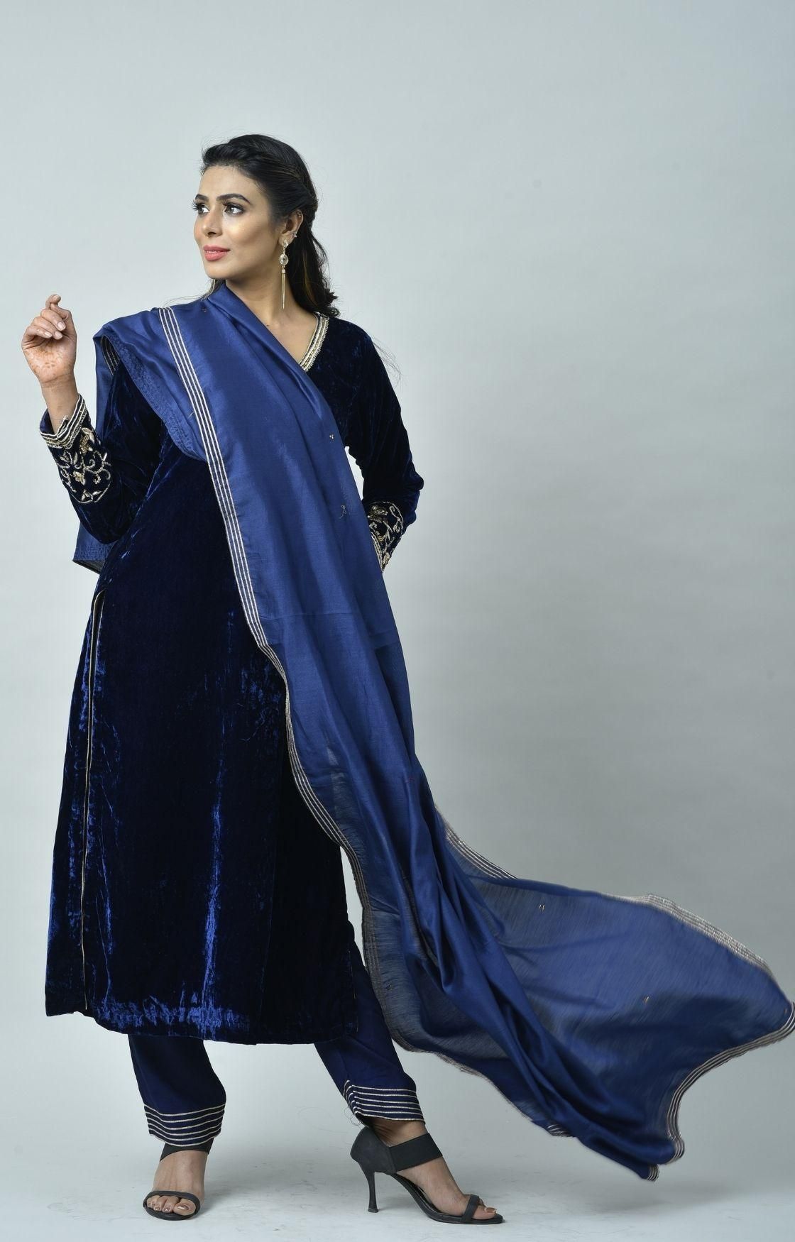 Navy Blue Embroidered Velvet Kurta Set  of 3-XS
