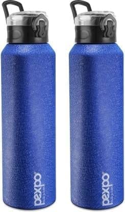 PEXPO Stainless Steel Sports Water Bottle, 1L, Pack Of 2, Blue, Vertigo | Portable & Leak-Proof Water Bottle with Push Button Cap