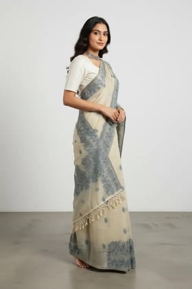 Odisha Handloom Cotton Saree Beige Teal Lily Border